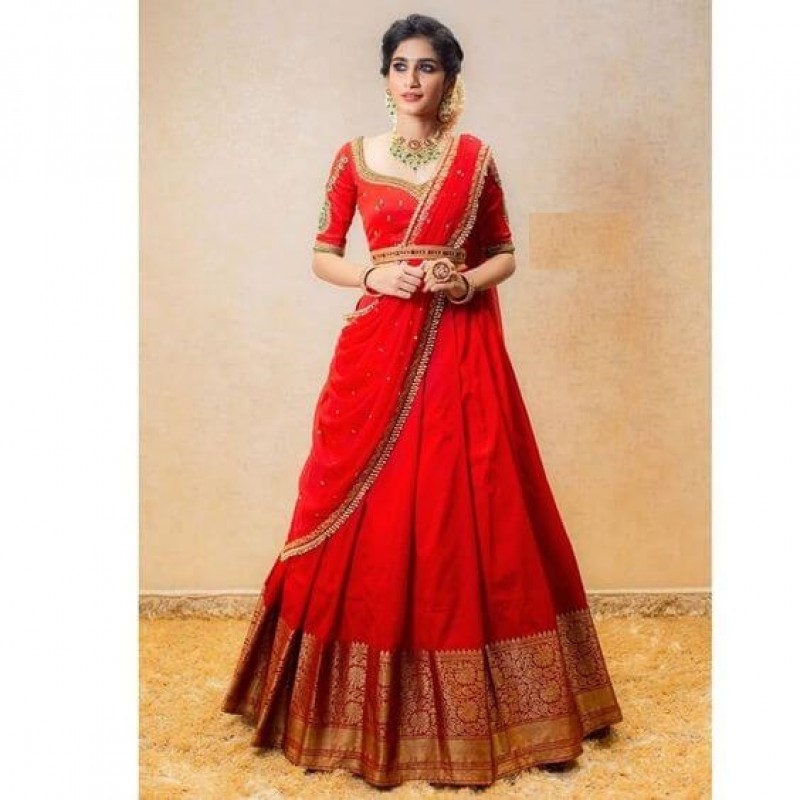 yellow and red combination half saree